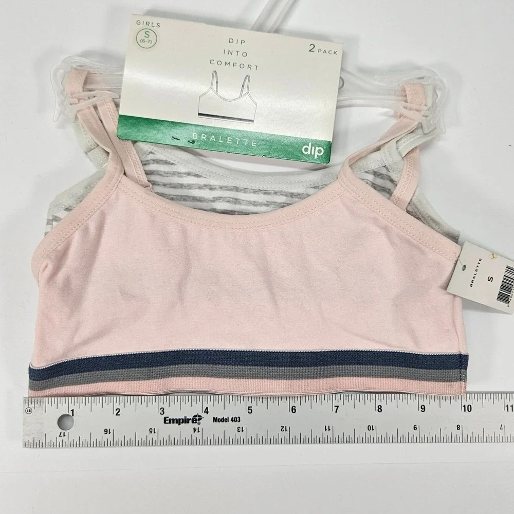 Girls 2 Pack‎ Dip Into Comfort Bralettes Size 6-7 Pink Striped Cotton Adjustable
